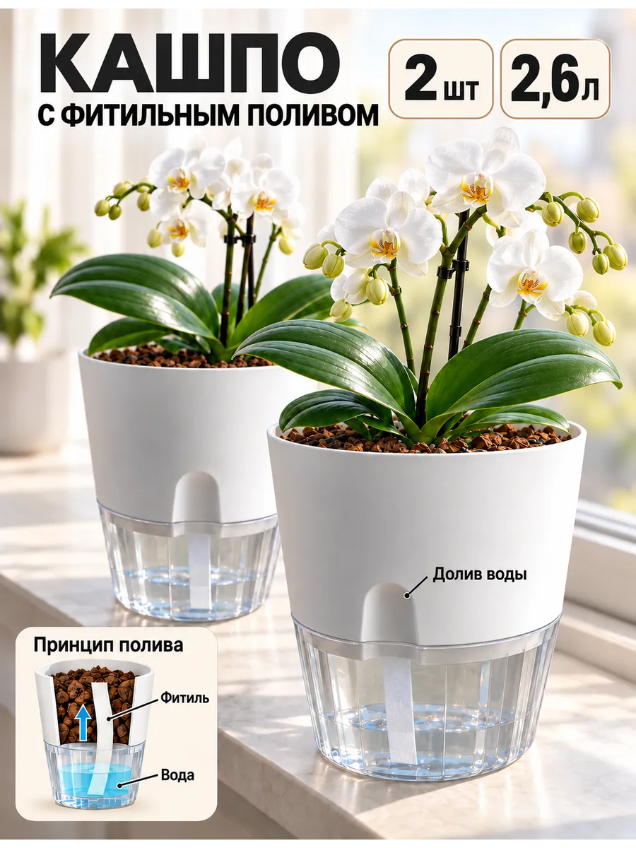 Белые кашпо с фитильным поливом, 2,6 л